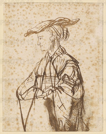 Half-length portrait of a young woman, to the left (Saskia), pen and brush in brown, page: 11.5 x 9 cm, unsigned, Rembrandt Harmensz. van Rijn, (nach (?) / after (?)), Leiden 1606–1669 Amsterdam, Ferdinand Bol, (zugeschrieben / attributed to), Dordrecht 1616–1680 Amsterdam