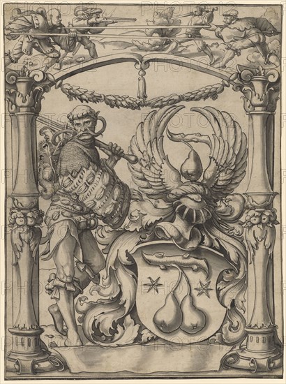 Broken glass with Landsknecht and pear coat of arms, after 1529, pen and brush in black and gray, over chalk outline, washed in gray, laminated with Japanese paper, sheet: 43.5 x 32.2 cm, unsigned, Hans Holbein d. J., (Umkreis / circle), Augsburg um 1497/98–1543 London, Balthasar Han, (?), Basel 1505–1578 Basel