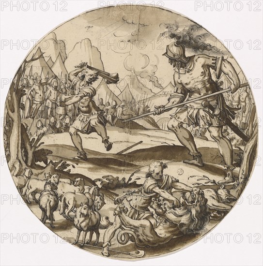 Slice in the round with David's fight against Goliath, in front David, who kills the lion, feather in black, dark brown washed, Journal: 28.6 cm (Dm.), Unmarked, Christoph Murer, Zürich 1558–1614 Winterthur