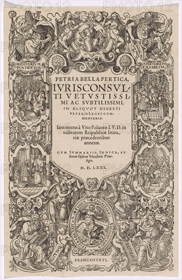 Title enclosure with 4 court scenes, woodcut, sheet: 30.6 x 19.2 cm, U. l., monogrammed: J, u, ., r., monogrammed: A, Jost Amman, Zürich 1539–1591 Nürnberg
