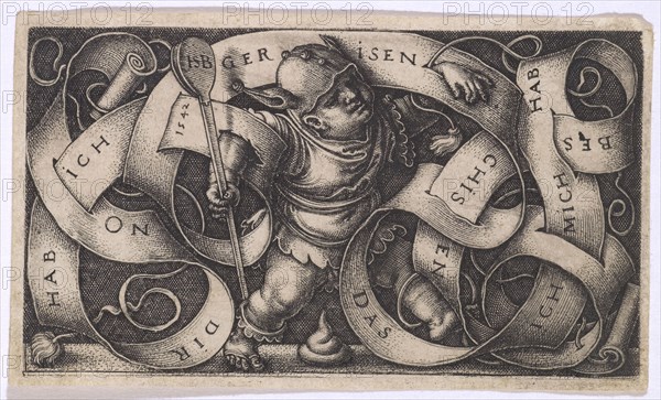 The Little Fool, 1542, copperplate, sheet: 5 x 8.5 cm |, Plate: 4.5 x 7.9 cm, inscribed in the banner: ON DIR I HAVE CRACKED THAT I FEAR ME, marked on the bed: HSB [ligated], Sebald Beham, Nürnberg 1500–1550 Frankfurt a.M.