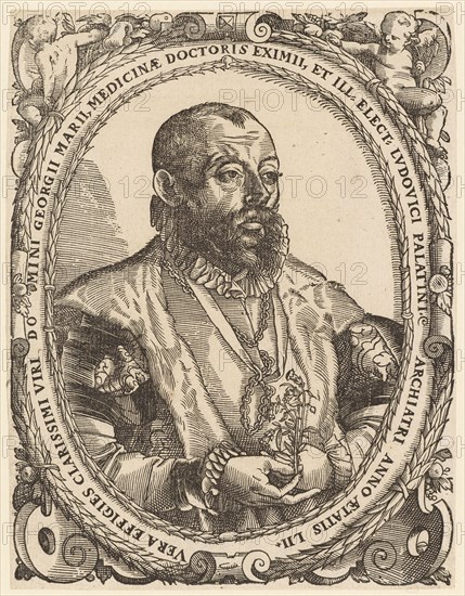 Portrait of Georg Marius (Meier), 1588, woodcut, sheet: 18.5 x 14.3 cm, clockwise marked U.: VERA EFFIGIES CLARISSIMI VIRI DOMINI GEORGII MARII, MEDICINAE DOCTORIS EXIMII, ET ILL., ELECT., LVDOVICI PALATINI., ARCHIATRI ANNO AETATIS LII., Christoph Murer, Zürich 1558–1614 Winterthur