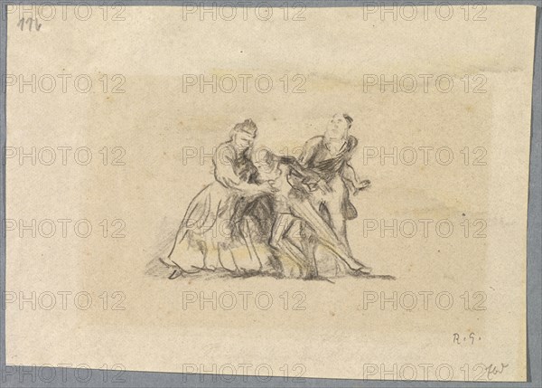Untitled [A lady and a gentleman supporting a second man], 1918, pencil on thin paper, mounted on secondary picture carrier, glued in passe-partout, Journal: 10 x 14.2 cm, U. r., Monogrammed in pencil: R.G., Rudolf Grossmann, Freiburg i. Br. 1882–1941 Freiburg i.Br.