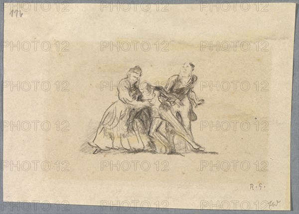 Untitled [A lady and a gentleman supporting a second man], 1918, pencil on thin paper, mounted on secondary picture carrier, glued in passe-partout, Journal: 10 x 14.2 cm, U. r., Monogrammed in pencil: R.G., Rudolf Grossmann, Freiburg i. Br. 1882–1941 Freiburg i.Br.
