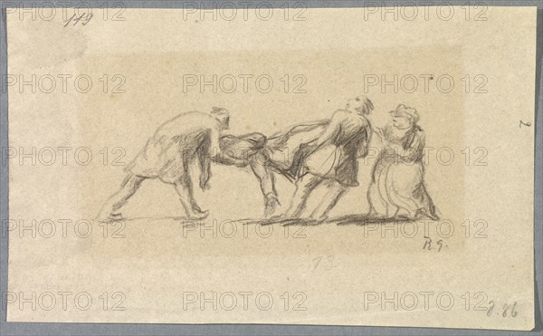 Untitled [Two men carry an unconscious man past a woman], 1918, pencil on thin paper, mounted on secondary support, pasted in passepartout, sheet: 9.2 x 15.4 cm, U. r., Monogrammed in pencil: R.G., Rudolf Grossmann, Freiburg i. Br. 1882–1941 Freiburg i.Br.