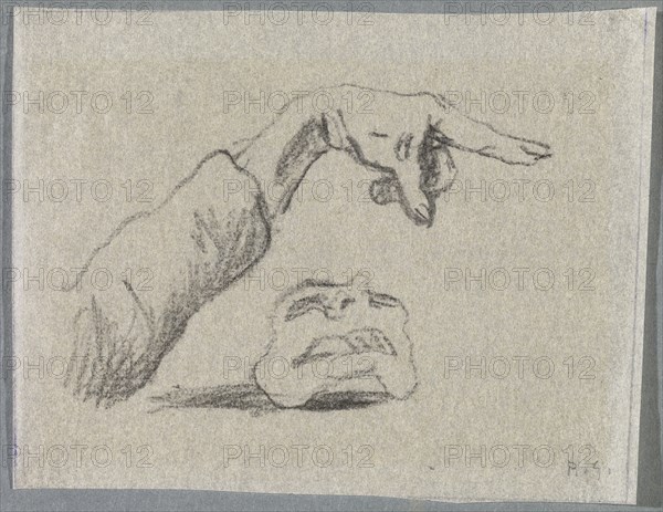 Untitled [A hand with outstretched index finger over a lying mask], 1918, pencil on thin paper, mounted on secondary picture carrier, pasted in passepartout, sheet: 8 x 10.3 cm, U. r., Monogrammed in pencil: R.G., Rudolf Grossmann, Freiburg i. Br. 1882–1941 Freiburg i.Br.