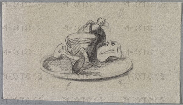Untitled [Champagne cooler with bottle and glass with a mask on a tray], 1918, pencil on thin paper, mounted on secondary picture carrier, pasted in passe-partout, sheet: 7.6 x 13.6 cm, R. under monogram in pencil: R. G., Rudolf Grossmann, Freiburg i. Br. 1882–1941 Freiburg i.Br.