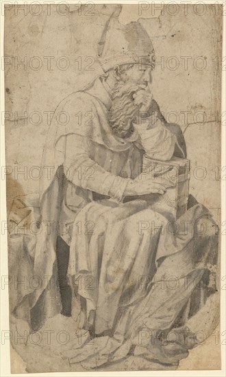 Seated Bishop or Father of the Church, 1544, pen in brown, gray washed, mounted, sheet: 25.4 x 14.5 cm, U. M. monogrammed and dated with a brush in gray: C.A. 1544, Christoph Amberger, um 1505–1561/62 Augsburg