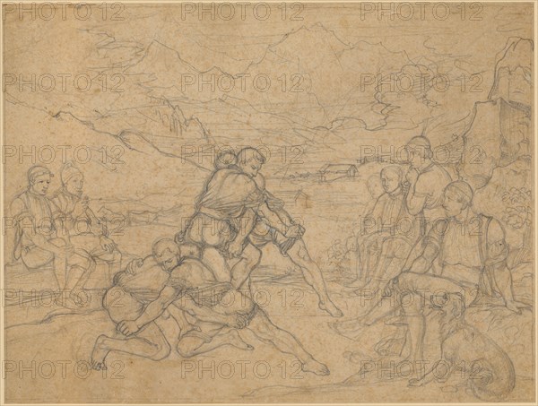 Alpine swing on mountainous pasture, pencil on yellowish paper, single-line rectangle border, mounted, sheet: 22.8 x 30.4 cm, not marked, Hieronymus Hess, Basel 1799–1850 Basel