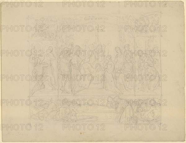 Six-part composition with scenes from the life of Gudrun, 1800-1899, pencil, single-line rectangle edging, sheet: 25.7 x 33.2 cm, O. M. inscribed in pencil: Gudrun, Anonym, Deutschland, 19. Jh., Moritz von Schwind, (Schule / school), Wien 1804–1871 Niederpörking b. München