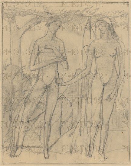 The Fall of Man, pencil, single-line rectangle edging, sheet: 32.7 x 24.4 cm, on the back o. R., with ink: Hans Brühlmann, Hans Brühlmann, Amriswil/Thurgau 1878–1911 Stuttgart