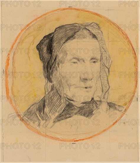 Breast portrait of an old Bernese peasant woman in a traditional bonnet, charcoal and watercolor, quadrature net, mounted, diameter: 27 cm |, Leaf: 32.5 x 27.5 cm, Not specified, Albert Anker, Ins/Bern 1831–1910 Ins/Bern
