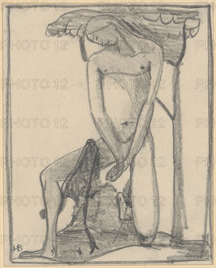 Frontal female nude, pencil, one-line rectangle border, mounted, leaf: 15.9 x 12.7 cm, U. l., monogrammed in pencil: HB [ligated], Hans Brühlmann, Amriswil/Thurgau 1878–1911 Stuttgart