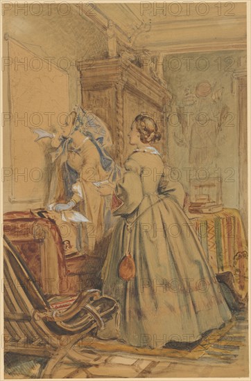 Visit of two ladies by the artist, watercolor over pencil, sheet: 26.4 x 17.3 cm, not marked, Moritz von Schwind, Wien 1804–1871 Niederpörking b. München