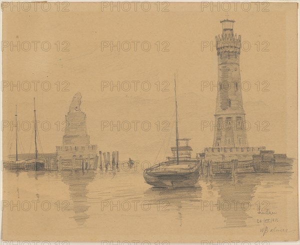 Lighthouse and lion painting on high stone base in the port of Lindau, 1885, pencil on light, brownish paper, sheet: 21 x 26 cm, U. r., inscribed, dated and signed in pencil: Lindau, 26, VII, 85., WBalmer, Wilhelm Balmer, Basel 1865–1922 Rörswil (Ostermundigen)/Bern
