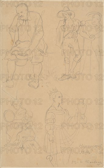 Study sheet: Above, a sitting farmer with a hat in his hand, next to a lazzaroni with a monkish figure., Below, an Italian with a child, sitting on a log, on the right a king to an epiphany, pencil, sheet: 19.3 x 11.8 cm, unmarked, Hieronymus Hess, Basel 1799–1850 Basel