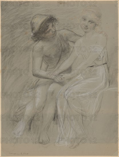 Adolescent lovers, coal, red chalk and white chalk on gray paper, mounted, leaf: 56.9 x 43 cm, U. l., Signed and signed: Designed by R. Schick, Rudolf Schick, Berlin 1840–1887 Berlin