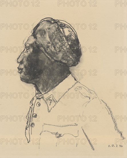 Half-length portrait of an interned Spahi with a turban-like headgear in profile to the left, 1940, pencil and charcoal, wiped, sheet: 36.9 x 31.8 cm, U. r., monogrammed and dated in charcoal: O.R., 40, Otto Roos, Basel 1887–1945 Basel