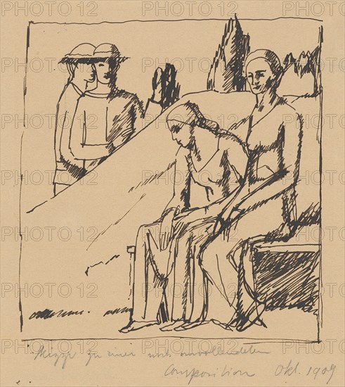 Two sitting women, 1909, pen on lined paper, single-line rectangle edging, sheet: 24.2 x 19 cm, inscribed below in pencil: sketch for an incomplete composition, Oct. 1909, Hans Brühlmann, Amriswil/Thurgau 1878–1911 Stuttgart
