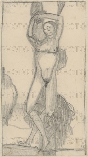 Young man, tied to a tree, pencil, one-line rectangle edging, sheet: 20.8 x 11.5 cm, U. r., monogrammed in pencil: HB [ligated], Hans Brühlmann, Amriswil/Thurgau 1878–1911 Stuttgart