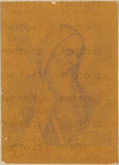 Breast image of a bearded holy hermit, pencil on brown tracing paper, mounted on cardboard, page: 27.6 x 20 cm, Not specified, Friedrich Overbeck, Lübeck 1789–1869 Rom