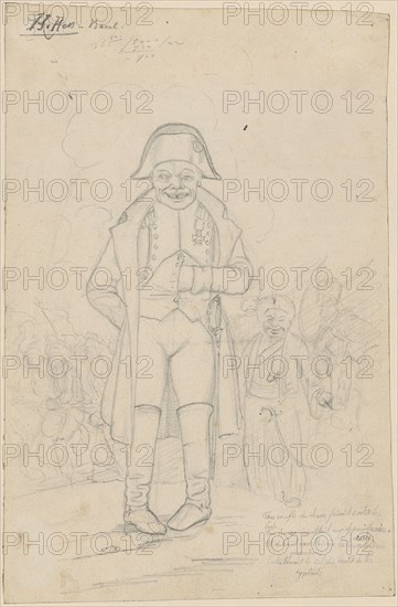 Boppi Keller as Napoleon I. Bonaparte in front of a Turkish army, pencil, sheet: 30.2 x 19.7 cm, O. l., Signed and inscribed in pencil: H. Hess - Basel, Hieronymus Hess, Basel 1799–1850 Basel