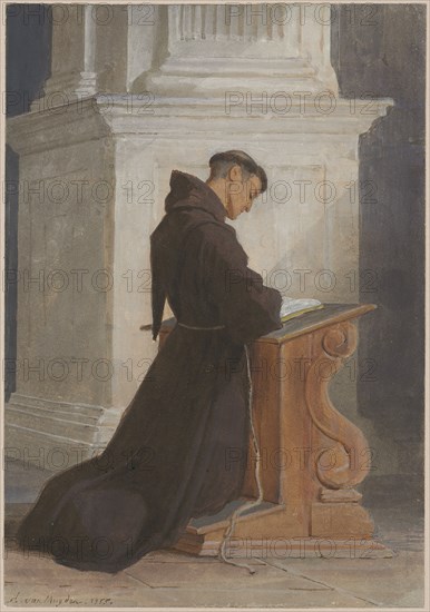 Praying Franciscan, 1855, watercolor over pencil, sheet: 18.5 x 12.9 cm, U. l., Signed and dated with brush: A. van Muyden., 1855th, Jacques Alfred van Muyden, Lausanne 1818–1898 Champel/Genf