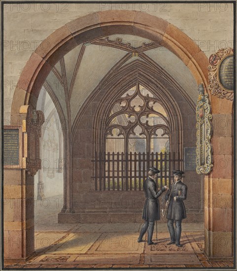 Two students in the large cloister of the Balser Münster, on the southwest corner, watercolor, two-part rectangle edging and gray-tinted border, sheet: 26.3 x 22.7 cm, U. l., Signed with brush: J.J.N. f., Johann Jakob Neustück, Basel 1800–1867 Basel