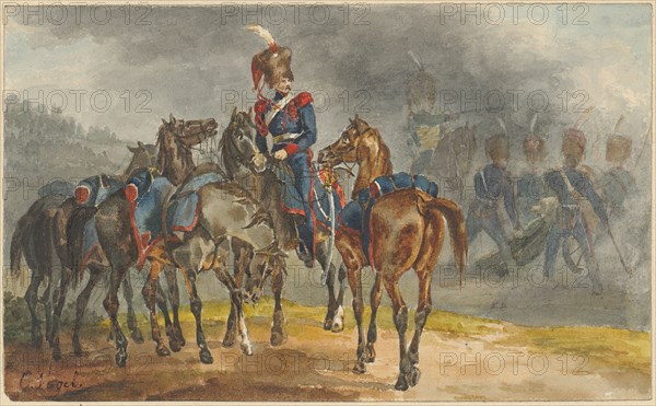 Battle scene with cavalry and infantry, watercolor on pencil, sheet: 8.5 x 14 cm, U. l., Signed in brown with pen: C. Vogel, Carl Christian Vogel von Vogelstein, Wildenfels 1788–1868 München