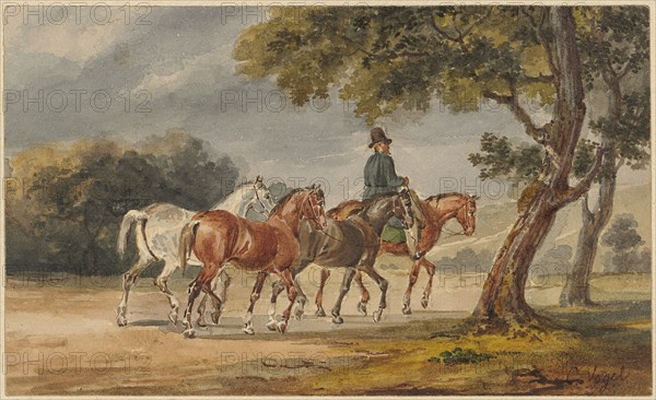 Rider with three saddled horses, watercolor, verso: pencil, leaf: 8.5 x 14 cm, U. r., Signed in brown with pen: C. Vogel, Carl Christian Vogel von Vogelstein, Wildenfels 1788–1868 München