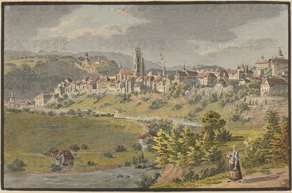 View of Freiburg i., Sculpture, watercolor over pencil, single-line rectangle edging, sheet: 8.6 x 13.1 cm, not marked, Achilles Bentz, Dietikon 1766–1852 Basel