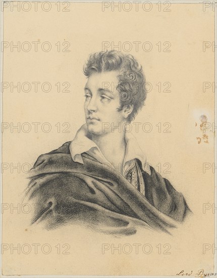 Portrait of the Poet Lord George Gordon Noel Byron (1788-1824), 1800-1849, pencil and chalk, mounted, leaf: 15.4 x 12 cm, U. r., with pen: Lord Byr [on], Anonym, England, 1. Hälfte 19. Jh.