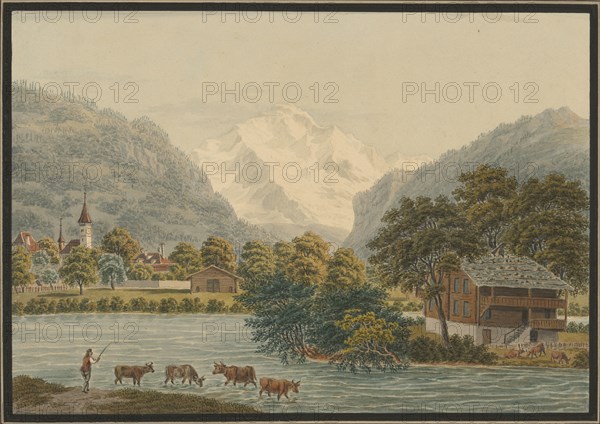 Vue d'Interlachen et de la Joungfrau, Canton de Berne, watercolor, single-line rectangle edging, mounted on gray tinted cardboard, sheet: 20.6 x 29.4 cm, U. M. inscribed on backing paper with pen in black: Vue d'Interlachen et de la Joungfrau, Candon de Berne, Dessiné pr., Benz, Achilles Bentz, Dietikon 1766–1852 Basel