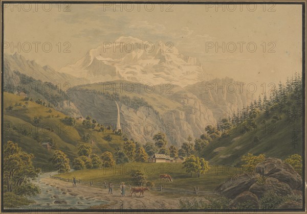 Vue de la Jungfrau, Canton de Berne, watercolor, single-line rectangle edging, mounted on gray-tinted cardboard, sheet: 21.2 x 30.6 cm, U. M. inscribed on backing paper with pen in black: Vue de la Jungfrau, Canton de Berne, Dessiné pr., Benz, Achilles Bentz, Dietikon 1766–1852 Basel