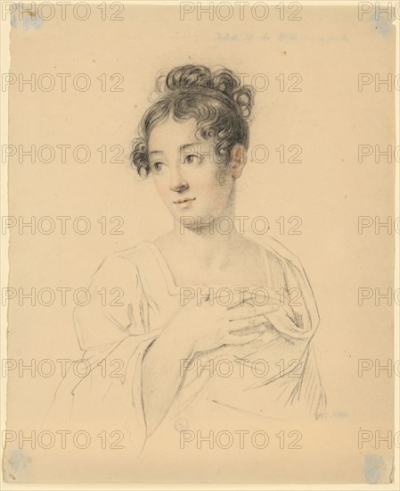 Half-length portrait of a young woman, 1800-1849, red and black chalk on thin paper, sheet: 25 x 20.4 cm, unmarked, Anonym, 19. Jh.
