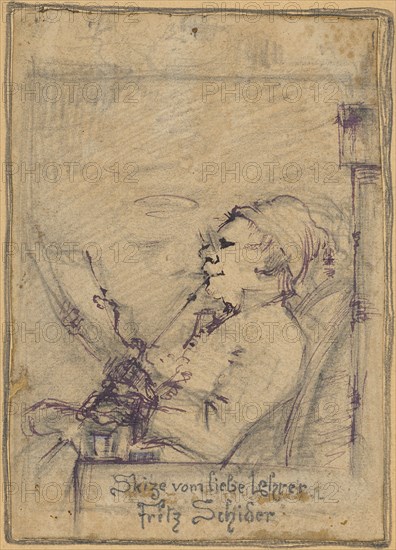Portrait sketch by Fritz Schider, pencil, above pen with ink in violet and black, mounted on cardboard, sheet: 19.4 x 13.8 cm, inscribed in pencil: Skize by the dear teacher Fritz Schider, inscribed on the cardboard: The Skize hani vo mim liebe, Teacher, Fritz Schider overcame me in the Mr. and Mrs. Karl in the Obersteg., Ernst Breitenstein, Ernst Breitenstein, Binningen/Baselland 1857–1929 Binningen/Baselland