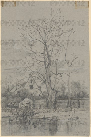 Two rural gabled houses in a garden behind Lattenhägen, in front of a pond with ducks and an almost leafless tree next to a slender trunk, 1883, chalk and pencil, heightened in white, on gray-blue construction paper, sheet: 46.7 x 31 cm, U. r., signed, inscribed and dated: C. Th. Meyer v., Basel., Munich., 83, Carl Theodor Meyer-Basel, Basel 1860–1932 St. Gallen