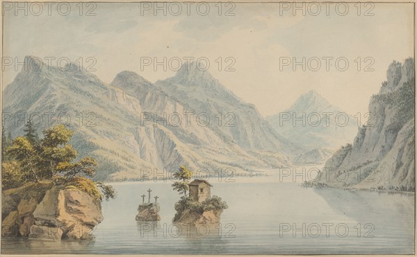 Lake Lucerne near the Old Town near Meggen, watercolor and quill, multiple rectangle edging, mounted on paper, sheet, image: 21.5 x 34.9 cm |, Leaf: 38 x 51 cm, Not referenced, Johann Ludwig Aberli, Winterthur 1723–1786 Bern
