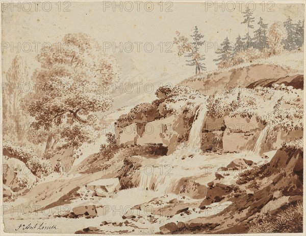 Small waterfall in the mountains, bistre and ink, washed, sheet: 15.1 x 20.1 cm, U. l., Signed with pen: J Ant Linck, Jean-Antoine Linck, Genf 1766–1843 Genf
