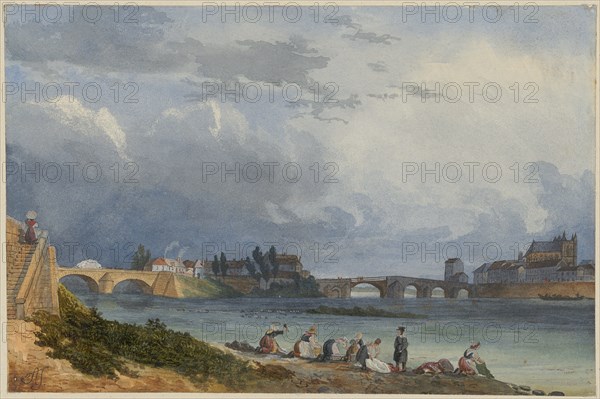 Six washerwomen on the river, one man, watercolor and cover color, sheet: 12.4 x 18.8 cm, U. l., monogrammed with feather: AT, Wolfgang Adam Töpffer, Genf 1766–1847 Morillon bei Genf