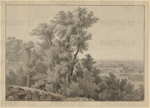 View from a tree-lined slope over a wide valley to a church on the right in the middle ground and a distant mountain range, ink, washed, single-line rectangle edging, sheet: 26 x 36.1 cm, U. M. monogrammed with a brush: AT [circled], u., l, ., Signed in pencil: A. Topfer:, Wolfgang Adam Töpffer, Genf 1766–1847 Morillon bei Genf