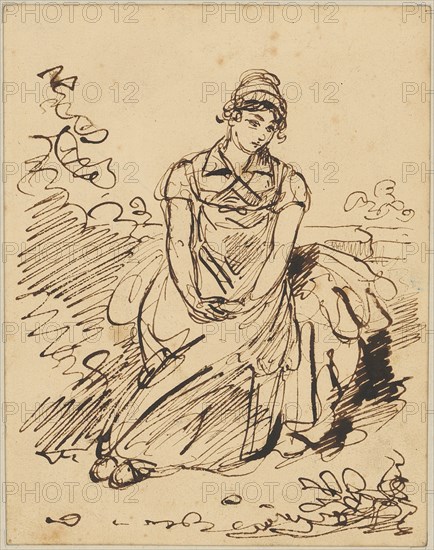 Seated girl with hands laid idly in her lap, sitting at the edge of the road, feather in brown, sheet: 12.6 x 11 cm, unmarked, Rodolphe Töpffer, Genf 1799–1846 Genf