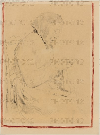 Knitting old mother, pencil, rectangle border with red watercolor paint, Leaf: 36.4 x 29.4 cm, Unmarked, Albert Anker, Ins/Bern 1831–1910 Ins/Bern