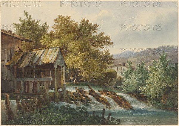 Weir on a creek, watercolor, sheet: 19.9 x 28.6 cm, U. r., Signed with pen: ACalame, Alexandre Calame, Vevey 1810–1864 Menton