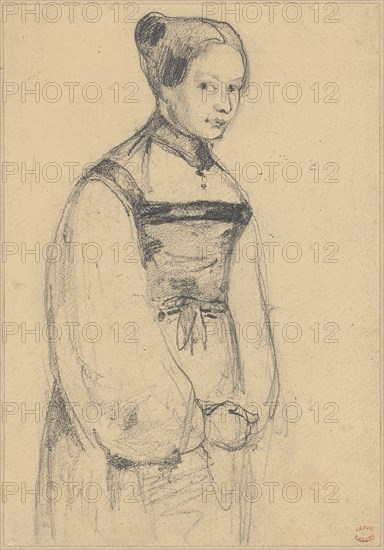 Bernese woman in long sleeved costume without hat, pencil, sheet: 15 x 10.4 cm, Unmarked, Alexandre Calame, Vevey 1810–1864 Menton