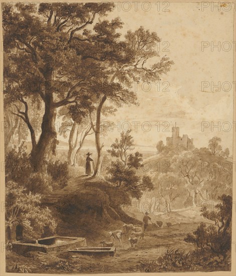 Landscape with a castle on a hill, ink, washed, sheet: 22.1 x 18.5 cm, U. l., Monogrammed with feather at the edge of the fountain: X.S., Xaver Schwegler, Luzern 1832–1902 Luzern