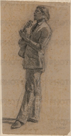 Singing Guitar Player, 1860, chalk, heightened with white, on light gray paper, sheet: 43.8 x 22.5 cm, U. r., dated and signed in pencil: 60, B. Vautier, Benjamin Vautier d. Ä., Morges/Waadt 1829–1898 Düsseldorf