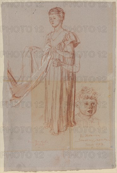 Study on a standing young girl folding a cloth, 1907, red chalk, heightened with white, on purple-gray paper, folio: 48 x 32 cm, U. M. inscribed with red chalk: Die Bremer, Stadtmusikanten, Josefi 1907, u, ., l, ., marked in red with chalk: Mr. Doct., Coulin AWelti, Albert Welti, Zürich 1862–1912 Bern