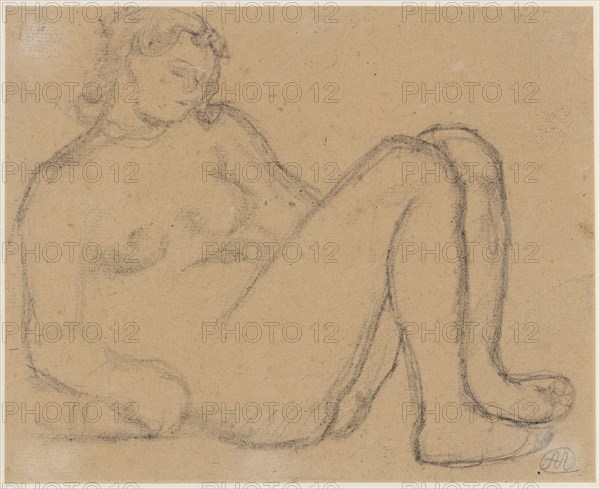 Girl act, chalk on brownish paper, mounted, leaf: 21.3 x 26.2 cm, U. r., monogrammed in pencil: M [in the oval], Aristide Maillol, Banyuls-sur-Mer/Pyrénées-Orientales 1861–1944 Banyuls-sur-Mer/Pyrénées-Orientales