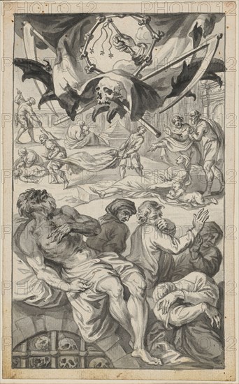 Deadly disease., Dying and buried in front of an old city, 1650-1699, pen and ink, single-line rectangle edging, mounted on green colored base sheet, page: 15.5 x 9.6 cm, not specified, Anonym, Deutschland, 17. Jh.